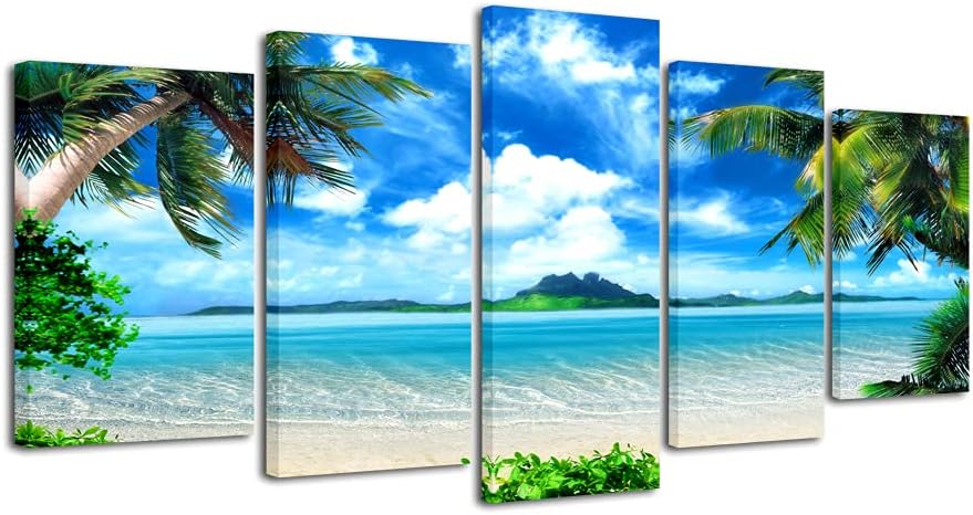 Modern 5 Panels Blue Sea Beach Pictures Paintings on Canvas Wall Art Stretched Contemporary Landscape Ocean Canvas