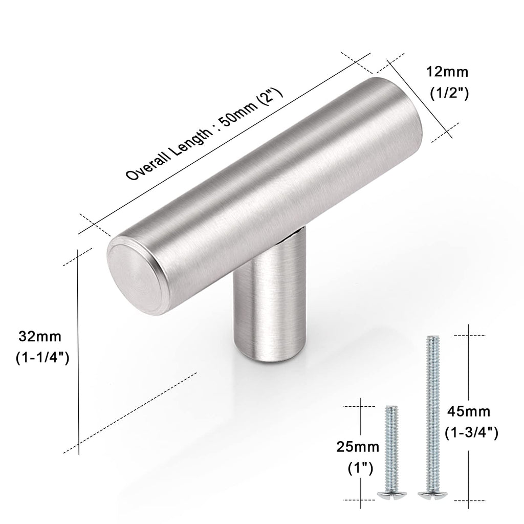 5 Pack Euro Style Round T Bar Satin Nickel Cabinet Knobs, Single Hole Stainless Steel Kitchen Cabinet Handles Dresser