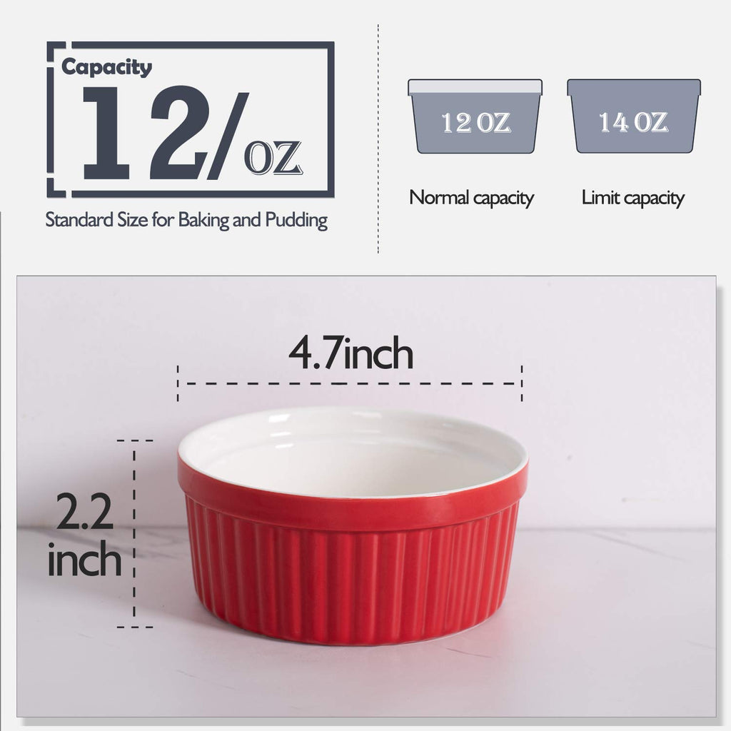 12 oz Set of 6 - Porcelain Creme Brulee Oven Safe Souffle Dishes, Ceramic Custard Cups for Baking, French Onion Soup