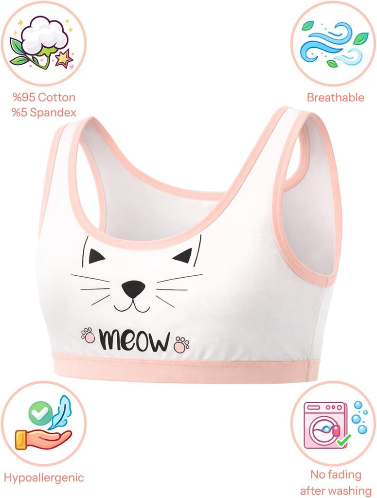 Girls Training Bras - Soft Cotton Kids Sports Bra, 5 Pack Crop Tops