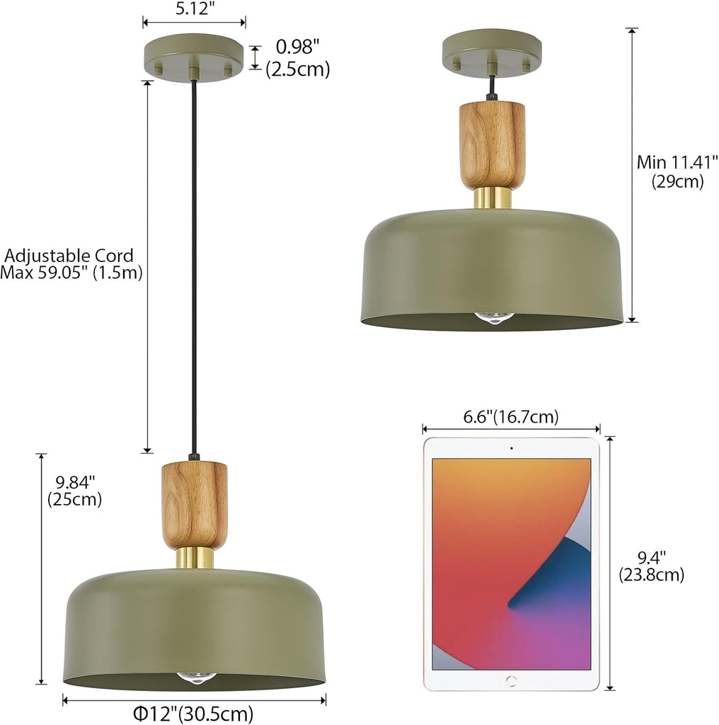 Contemporary Pendant Lighting,12 inch Pendant Lamp,Wood and Brass Accent,Adjustable Metal Hanging Light Fixture for