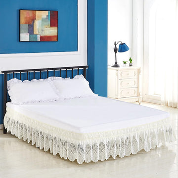 Dorm Wrap Around Ruffle Lace Bed Skirt Queen Size 15 Inch Drop, Elastic Dust Ruffle with Adjustable Belts
