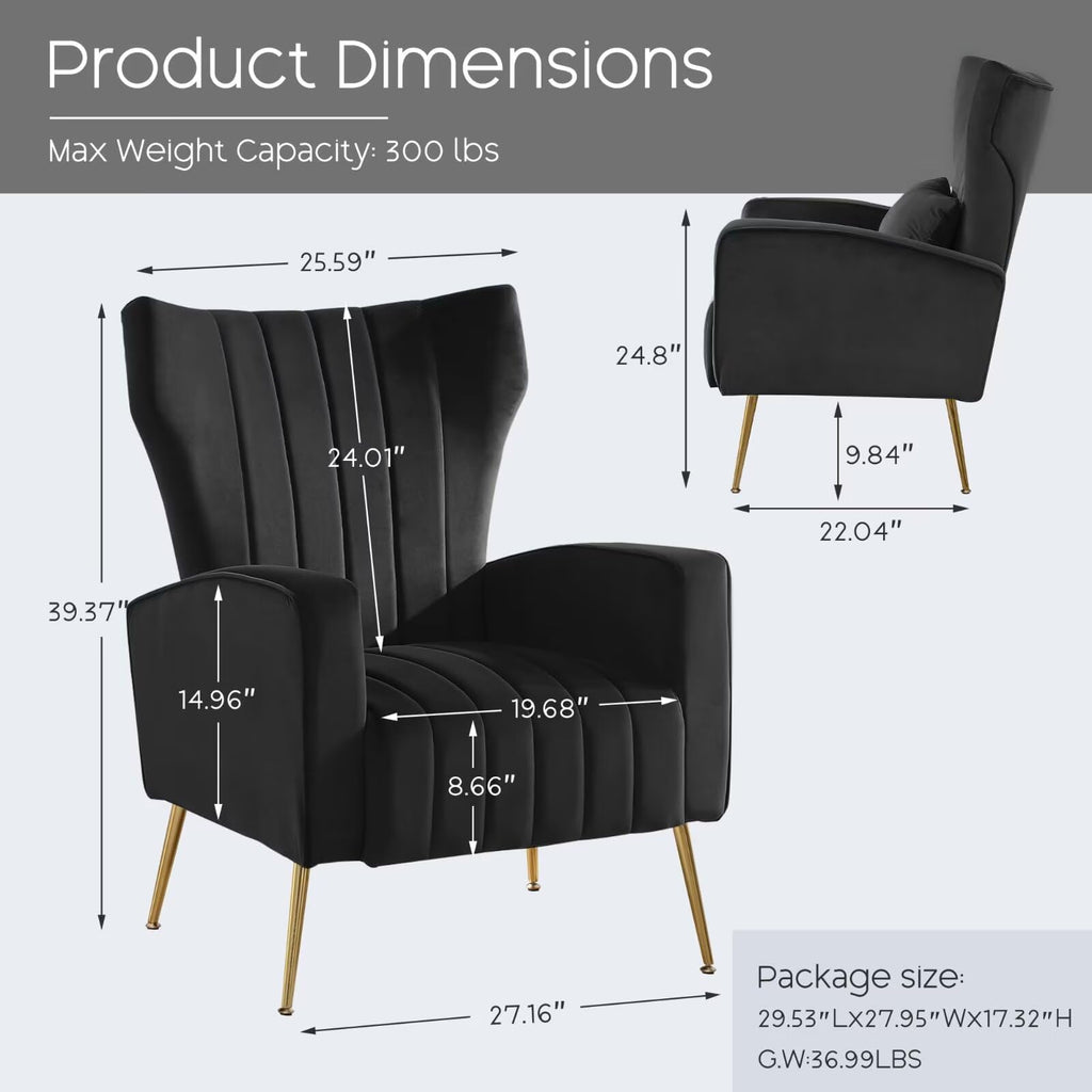 Accent Chair, Wingback Armchair, HighBack Reading Chair with Golden Metal Legs Lumbar Pillow, Upholstered Single Sofa