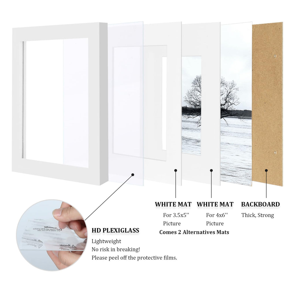5x7 Picture Frames Set of 4, Made of Solid Wood Covered by Plexiglass 3.5x5 and 4x6 with Mat or 5x7 without Mat, for