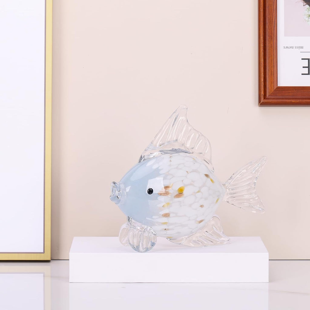 Large Hand Blown Glass Fish Figurines, Aquarium Sea Glass Art, Blue White Fish Statue Sculpture Modern Coastal Accent