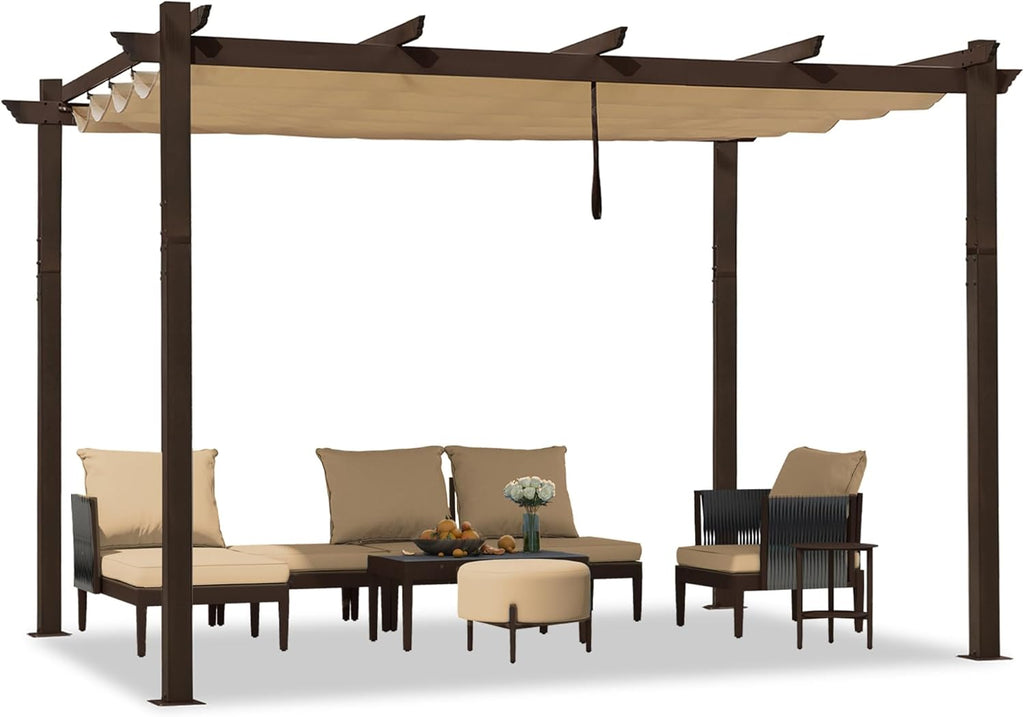 10' x 12' Outdoor Retractable Pergola Aluminum with DIY Sun Shade Canopy Patio Modern Heavy-Duty Bronze Shelter for