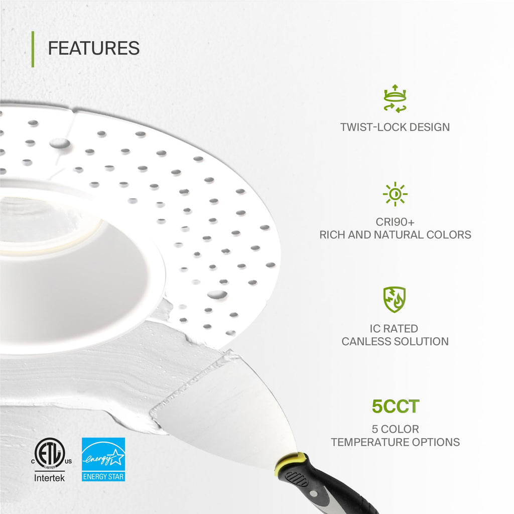 4 Inch Trimless LED Recessed Ceiling Light Fixture, Mud-in Canless Downlight with Junction Box, 5CCT 2700K-5000K, 15W