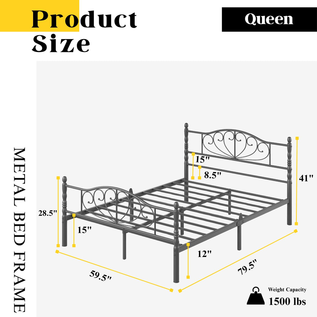 12" Victorian Metal Queen Platform Bed Frame with Headboard