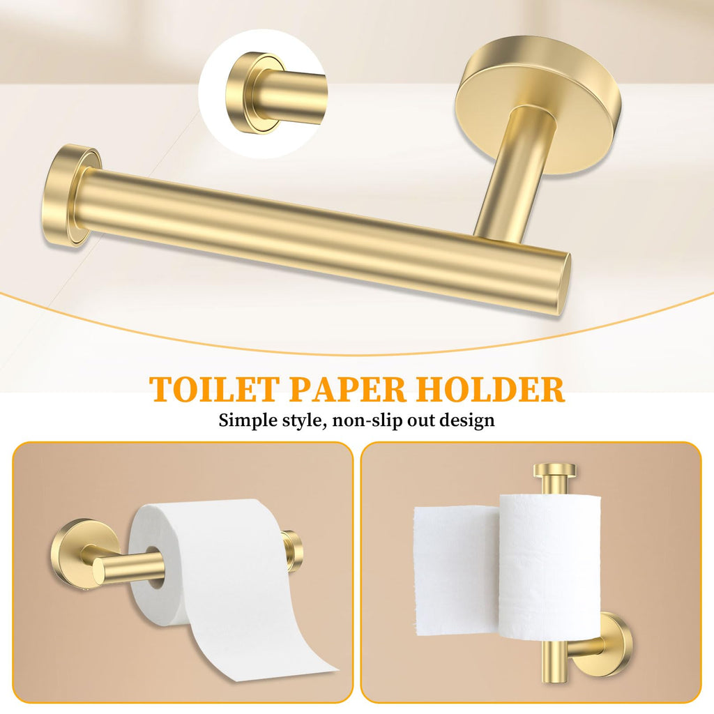 Brushed Gold Bathroom Hardware Set 6-Pieces Towel Bar Set Stainless Steel Bathroom Accessory Set 23.6 Inch Wall