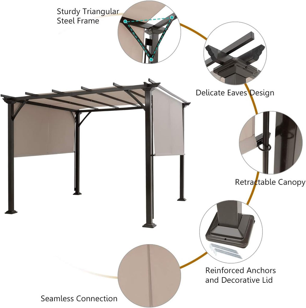 10x10FT Outdoor Patio Shade Structure, Steel Pergola with Retractable Canopy Shades, Rustproof Metal for Patio