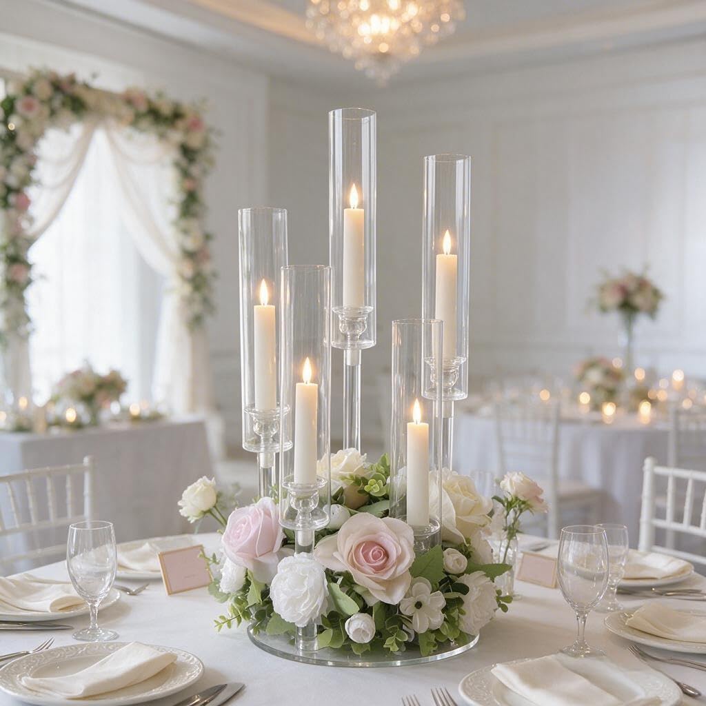 10Pcs Acrylic Candelabra Centerpieces,5 Arm Clear Candelabra Table Centerpiece Acrylic Candle Stick Holders with