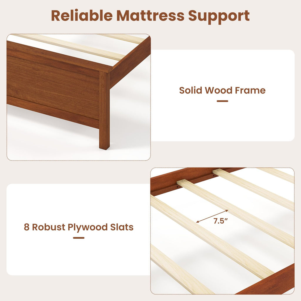 Twin Size Wooden Bed Frame with Headboard, Wood Slat Support