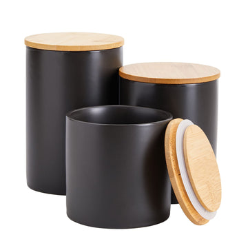 Set of 3 Matte Black Kitchen Canister with Airtight Wooden Bamboo Lids, Kitchen Counter Containers, Food Storage