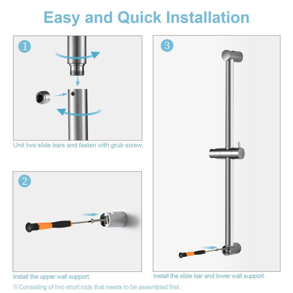 Shower Slide Bar Combo, 33 in Segmental Slide Bar with 6-Mode High Pressure Handheld Shower Head and 60 in Stainless