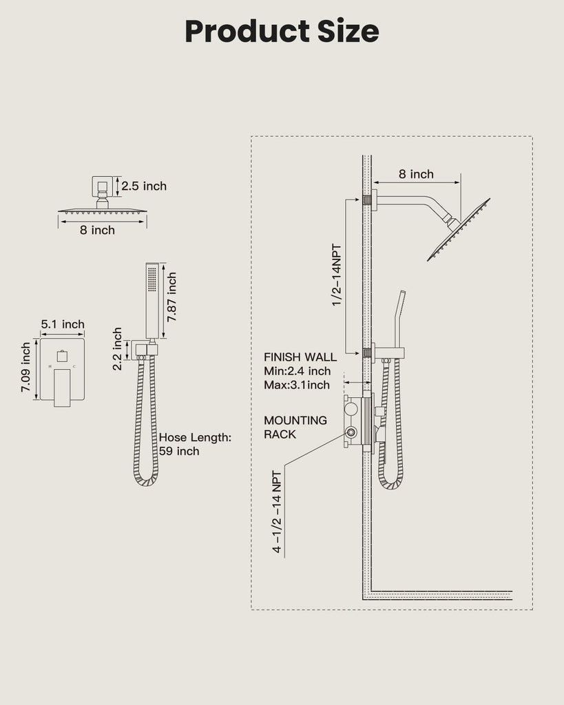 Shower Faucet Set with Handheld Spray Matte Black,8'' Head