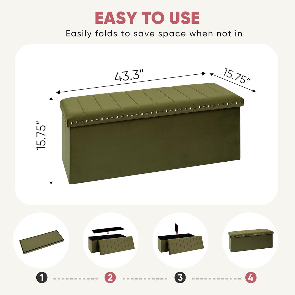 43 Inches Velvet Storage Ottoman Bench | Folding Upholstered Ottoman with Storage , End of Bed, 140L Capacity