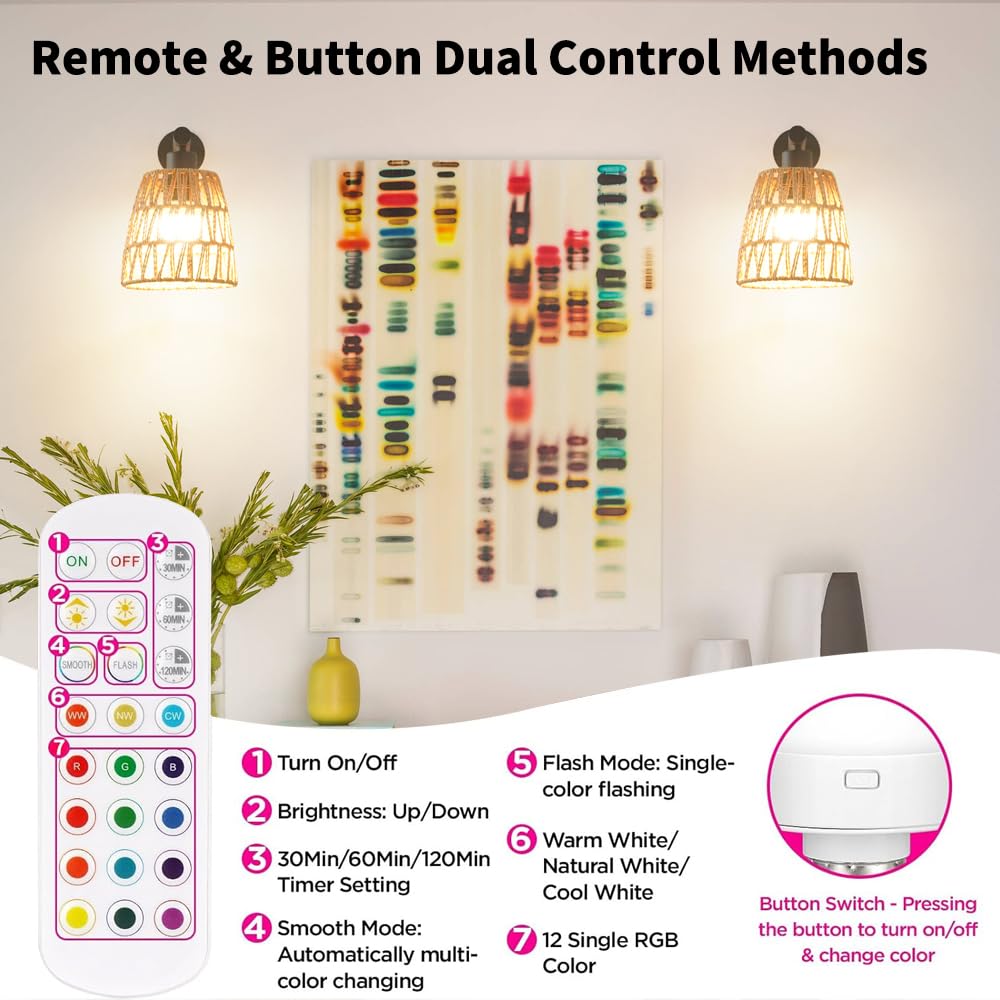 Boho Battery Operated Wall Sconces, Rattan Wall Sconce Set of 2 with Remote, RGB 15 Colors Dimmable Rechargeable Wall