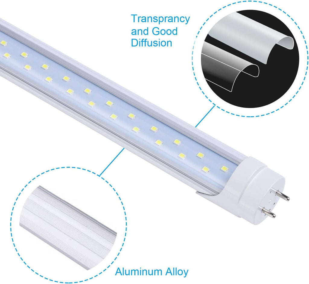 T8 4FT 48" 28W LED Tube Light, 6000K Cool White, Dual-Row LED Fluorescent Bulbs,Clear Cover, G13 Base Two Pins