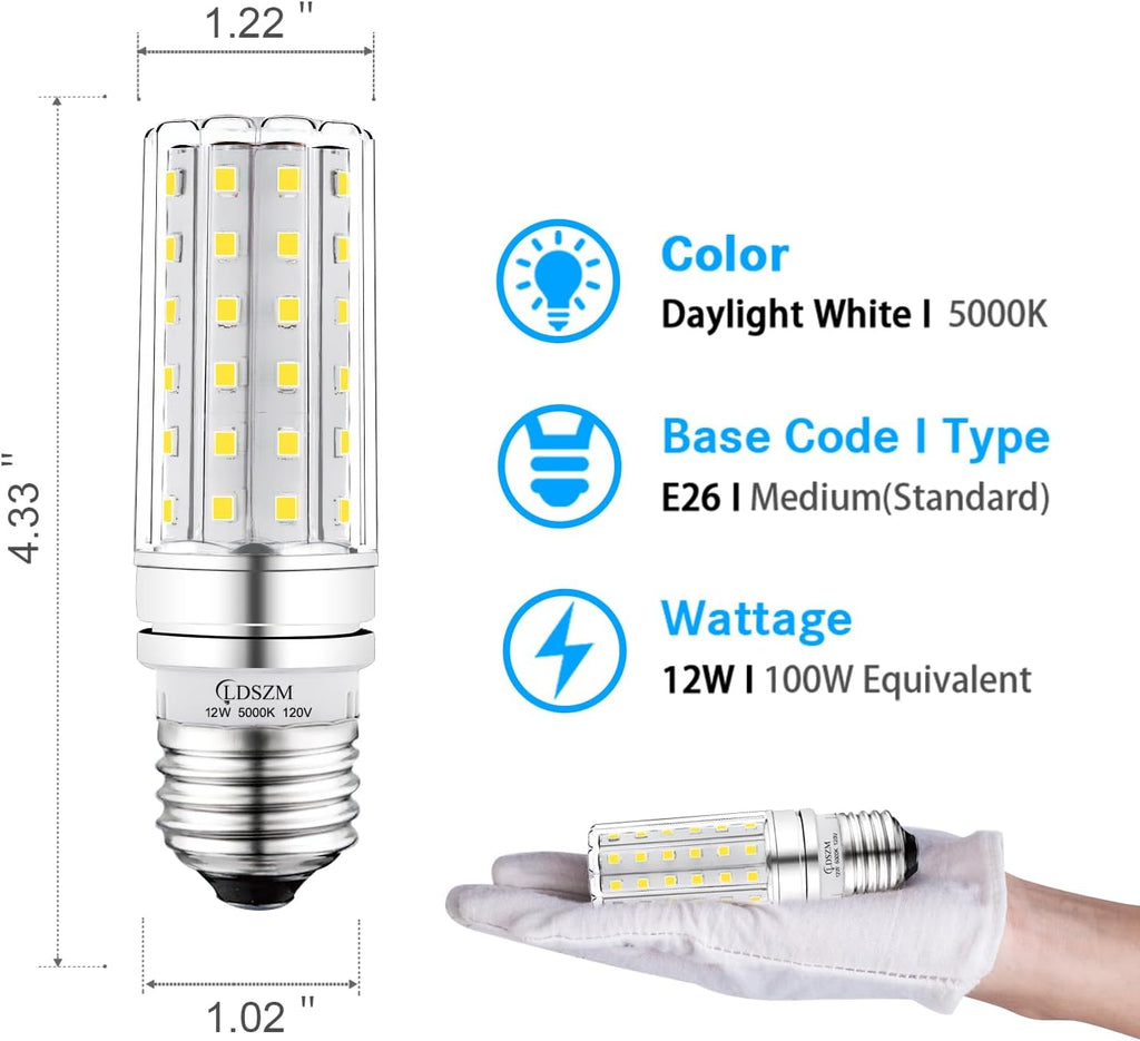 E26 LED Bulb 12W, 100W Equivalent, 1200 Lumen, 5000K Cool Daylight, Non-Dimmable Tubular Corn Light Bulb for Ceiling