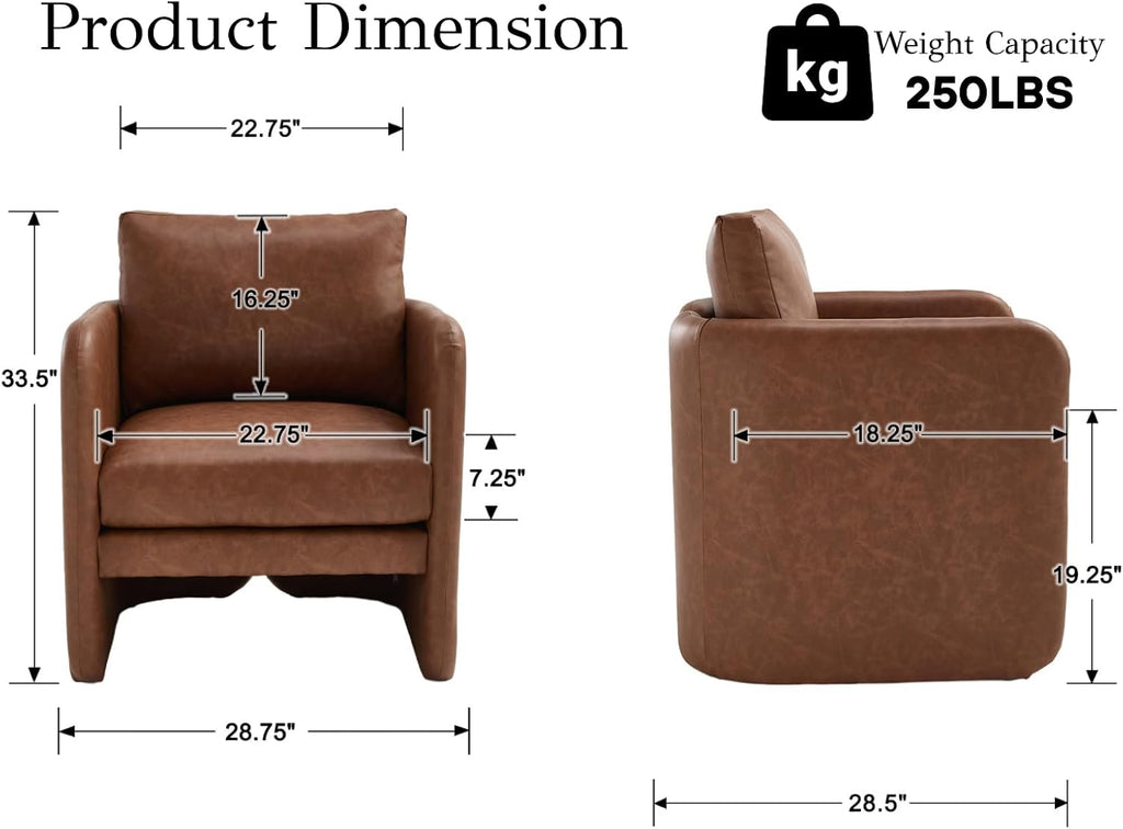 Leather Upholstered Modern Accent Chairs, Mid-Century Barrel Armchairs with Padded Cushion, Comfy Reading - Set of 2