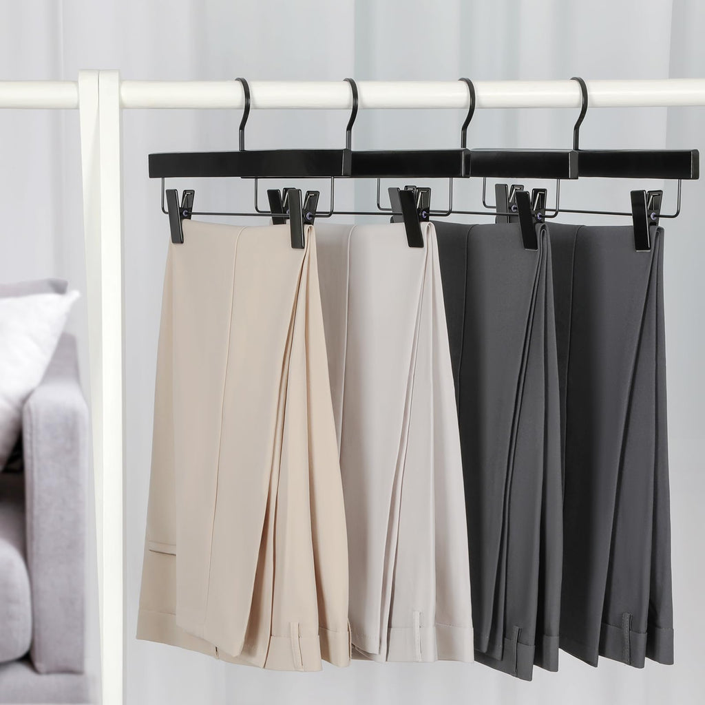 Black Wooden Pants Hangers, Wood Skirt Hangers with Clips, Deluxe Jeans Hanger with 360° Swivel Anti-Rust Flat Hook
