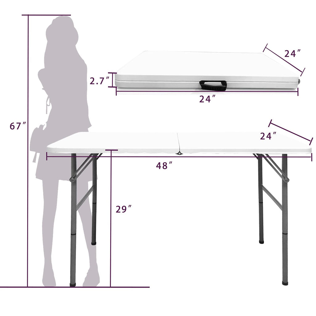 Folding Table, 4ft Indoor Outdoor Heavy Duty Portable Folding Square Plastic Dining Table w/Handle, Lock for Picnic