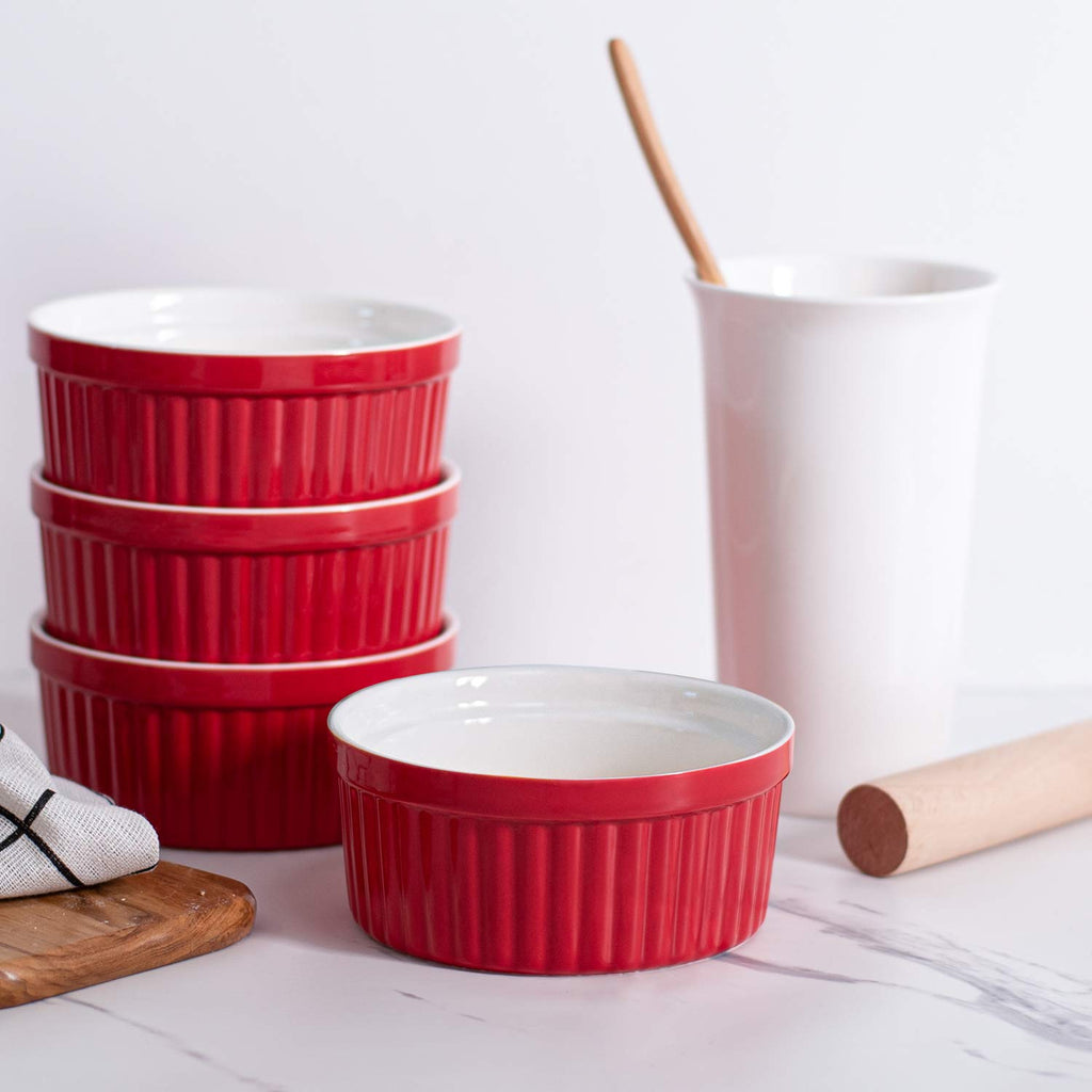 12 oz Set of 6 - Porcelain Creme Brulee Oven Safe Souffle Dishes, Ceramic Custard Cups for Baking, French Onion Soup