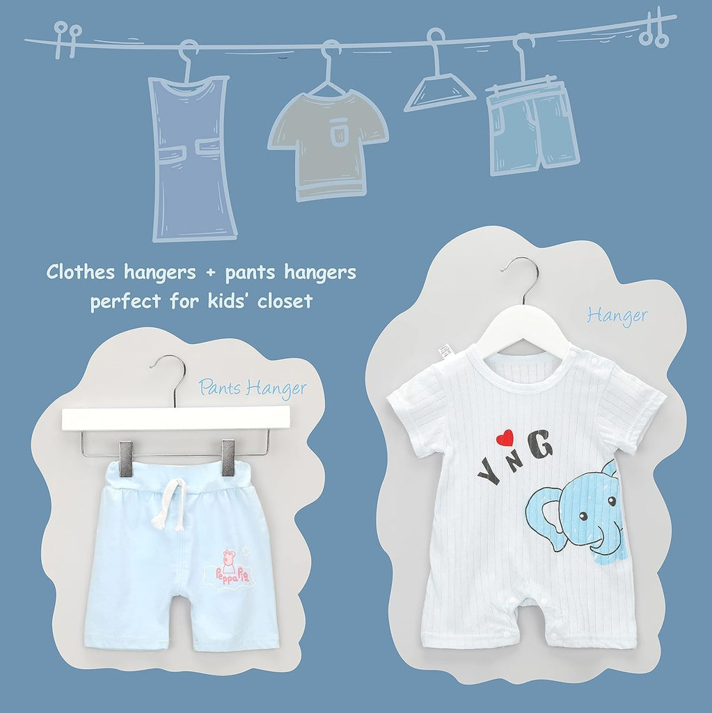 11.8 Inch White Wooden Pants Skirt Hangers for Kids Baby Toddler Children, Extra Thick Chrome Hooks & Anti-Wrinkle