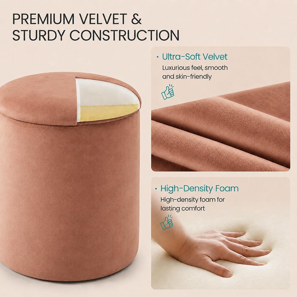 Round Storage Ottoman with Removable Lid, 2-Piece Upholstered Vanity Stool with Hidden Storage Space