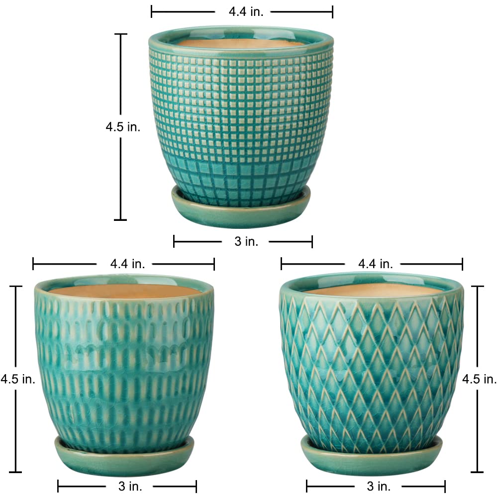 4 inches Ceramic Planters Pots for Indoor Plants 3 Set of Small Round Flower Pots with Drainage Hole and Ceramic Tray