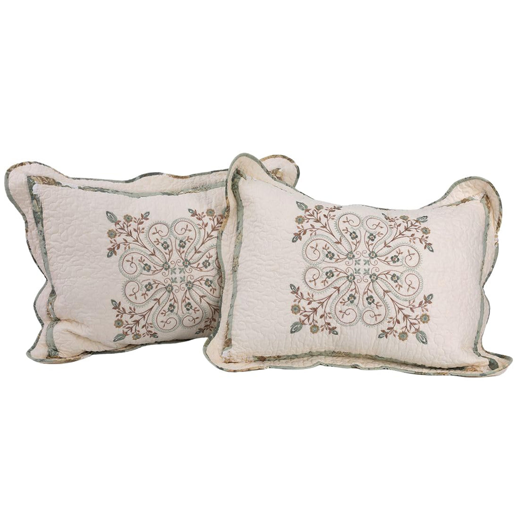 Cotton Quilted Pillow Shams Set of 2, Elegant Floral Embroidered Pillow Cases Standard Size Vintage Farmhouse