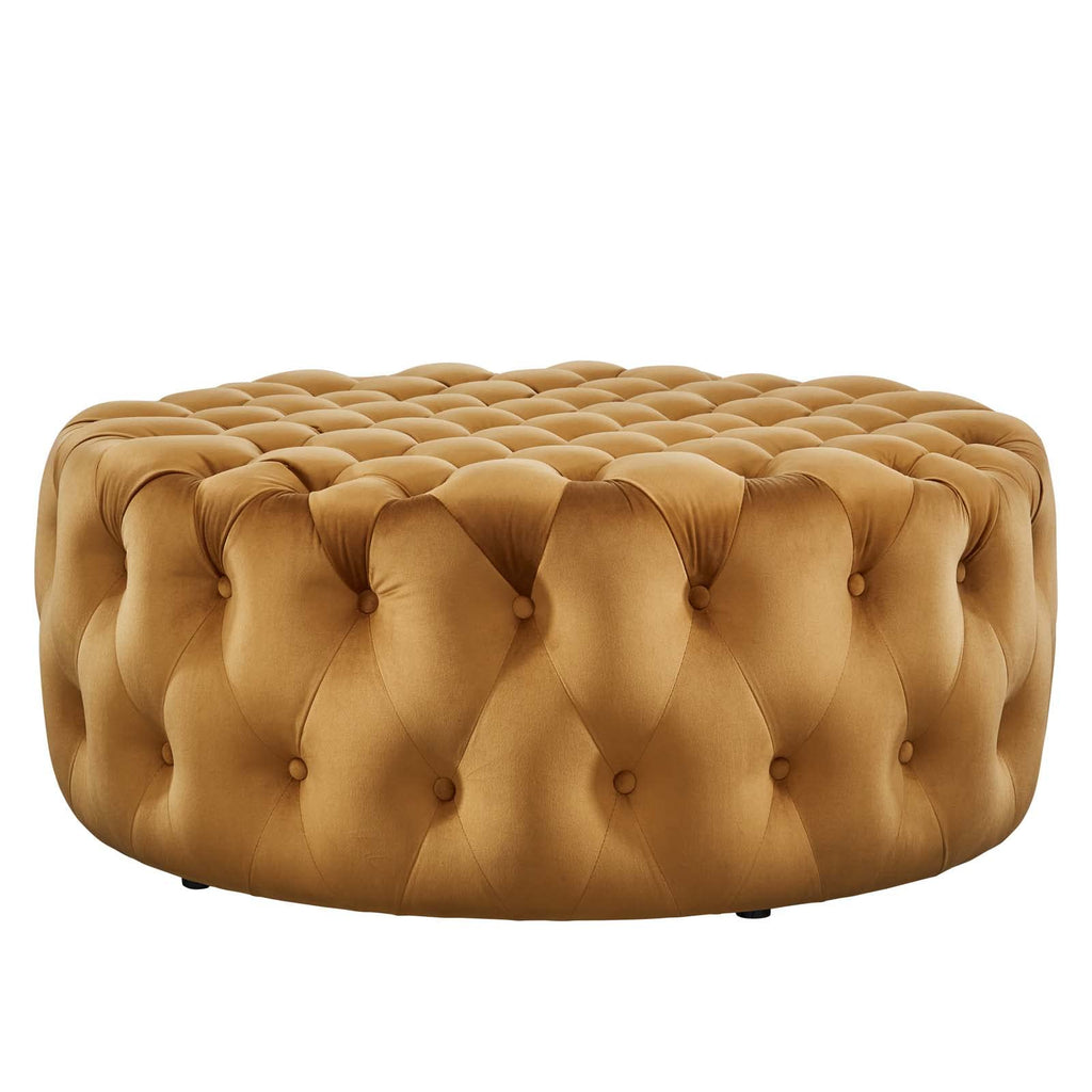 Amour Tufted Button Large Round Performance Velvet Ottoman in Cognac