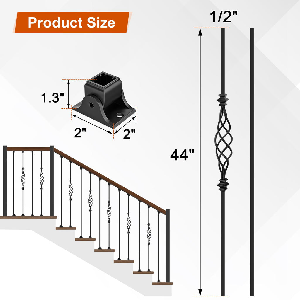 10 Pack Wrought Iron Balusters, 44" Decorative Stair Deck Railings
