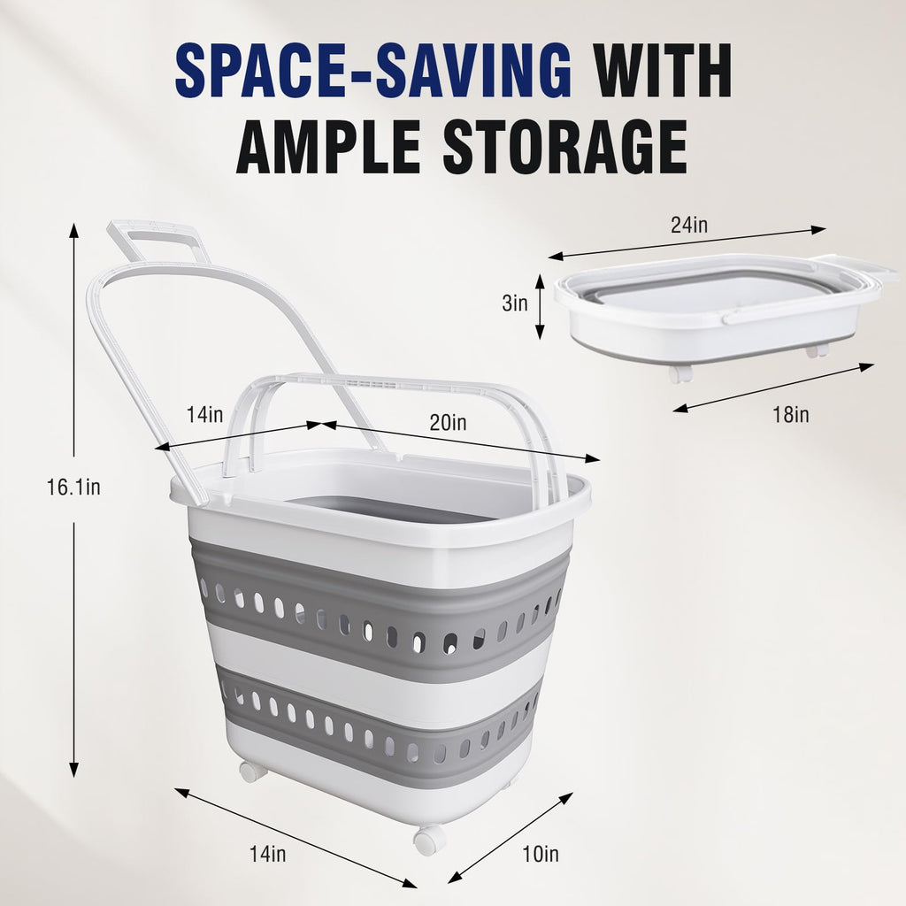 Collapsible Plastic Rolling Laundry Basket Hamper with Wheels, 45L Portable Rubber Clothes Basket, Pop Up Storage