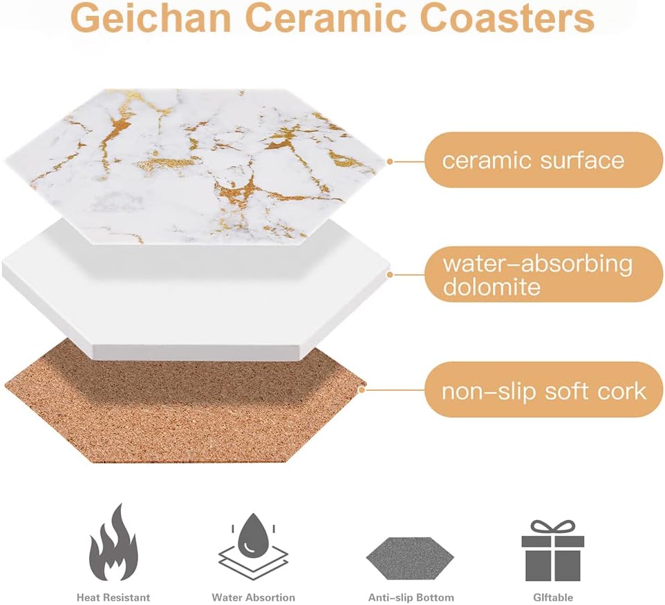 Marble Gold Coasters for Drinks Absorbent with Cork Base, Drink Coasters for Wooden Table with Metal Holder - Set of 6