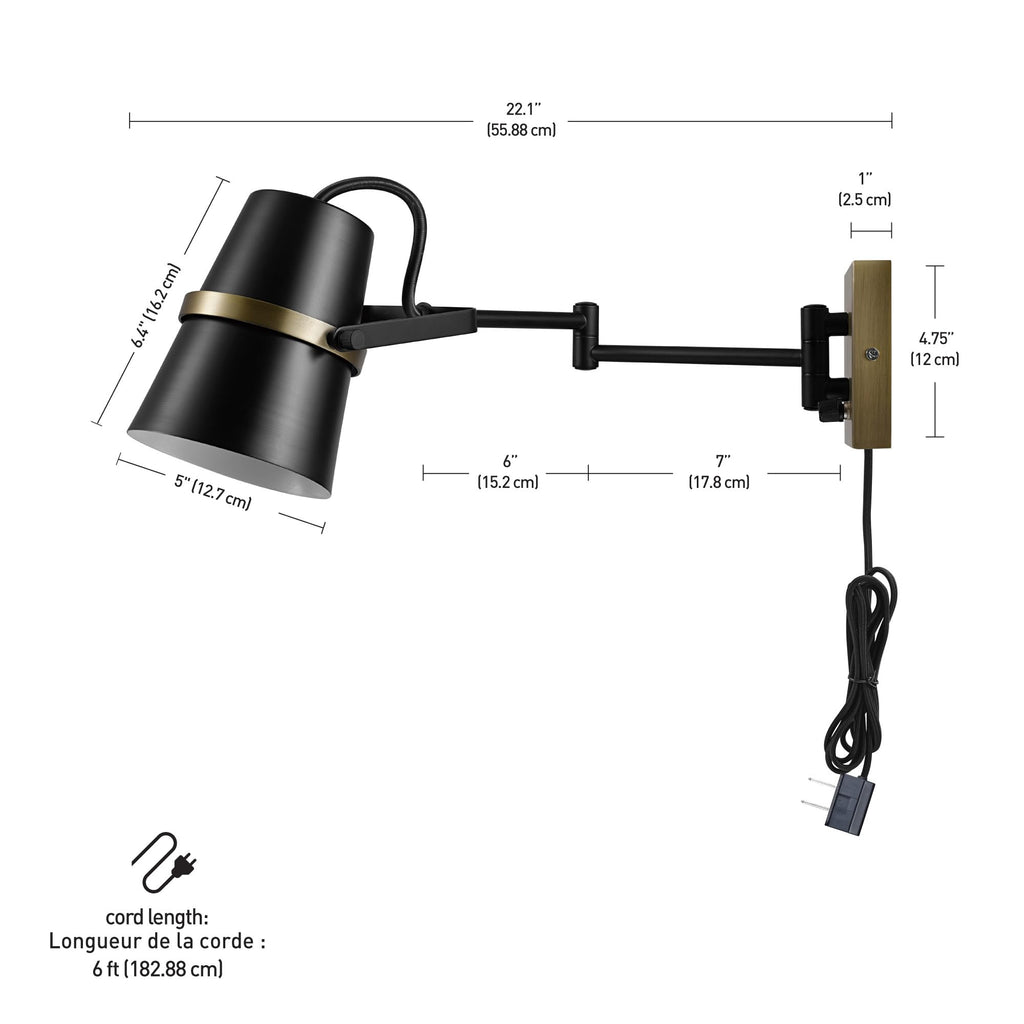 Plug-in or Hardwire Swing Arm Wall Sconce, Matte Black, Brass Accents, 6ft Woven Fabric Cord, Flat Plug
