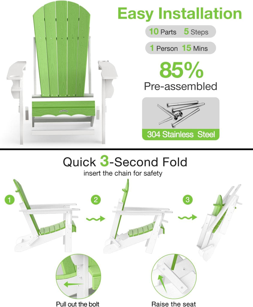 Folding Adirondack Chair, 25 Year Fade Proof Outdoor Patio Chairs | 400 LBS Capacity,Wooden Textured,All-Weather