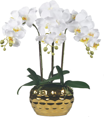 Artificial Orchid Plants & Flowers Arrangement in Ceramic Pot, Fake Faux White Orchid with Gold Vase, Realistic