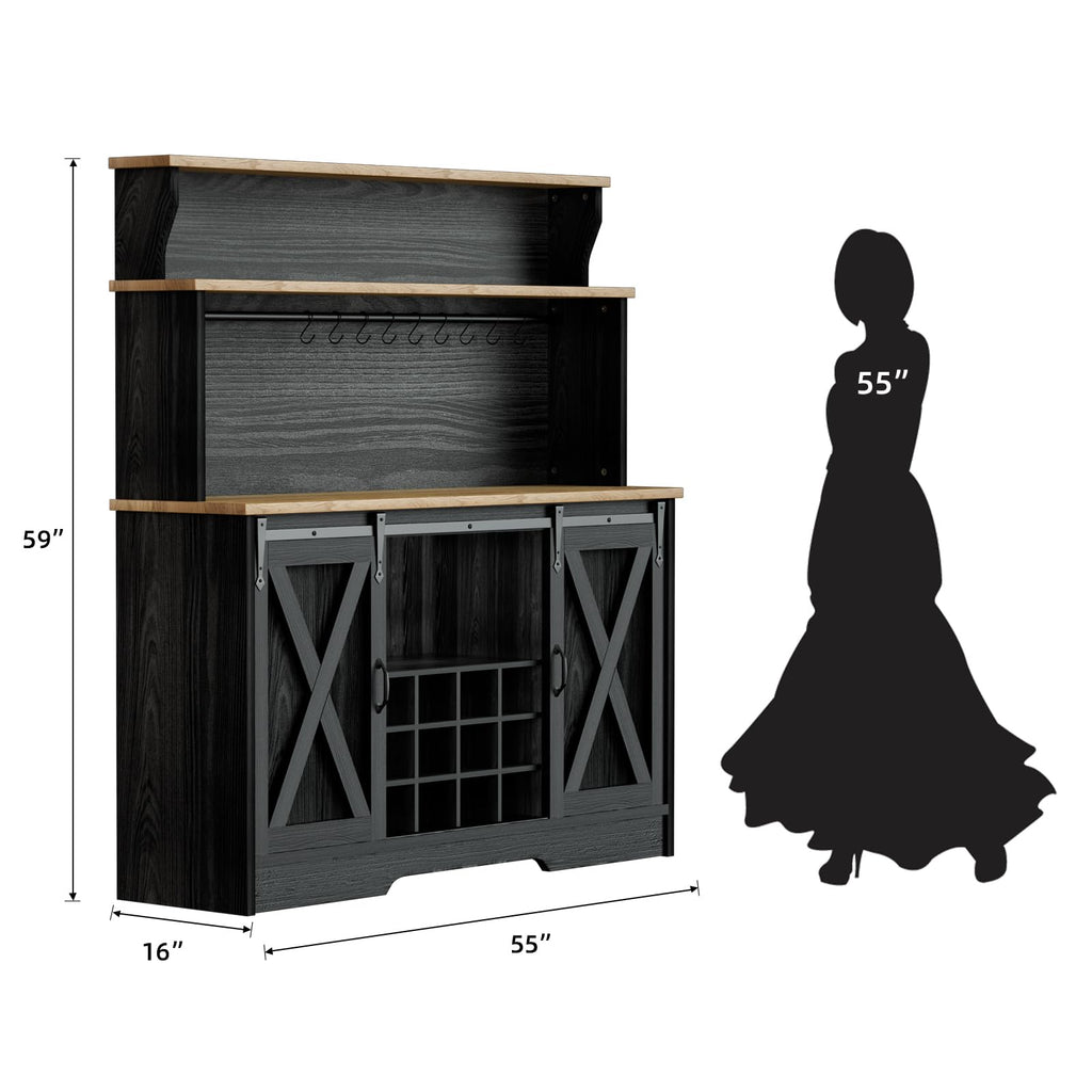 55'' Farmhouse Coffee Bar Cabinet with 3 Tier Storage Hutch, Coffee Bar Station with Sliding Barn Door, Hutch Storage
