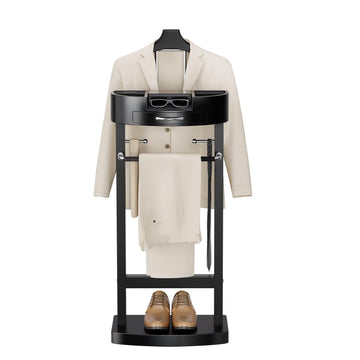 Wooden Valet Stand for Men, Clothes Valet with Tray and Sturdy Base, Freestanding Suit Stand, Load Capacity 100 lbs