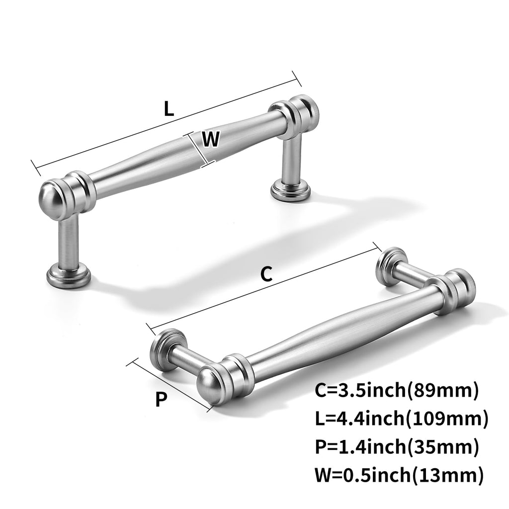 10 Pack 3-1/2inch(89mm) Hole Center Brushed Satin Nickel Cabinet pulls Solid Heavy-Duty Tradition Kitchen Cabinet