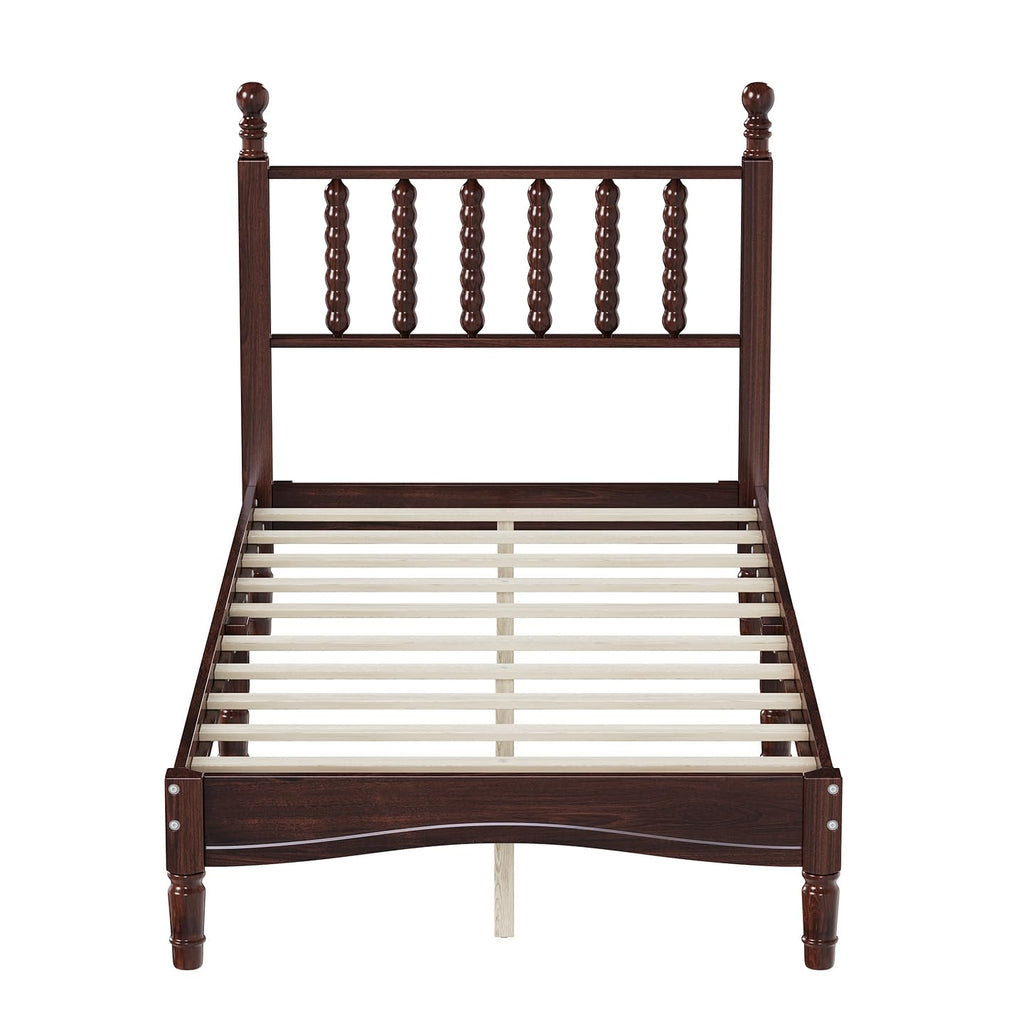 Walnut Wood Bed Frame Traditional with Spindle Headboard, Vintage Platform Bed Frames, Retro Bedframe
