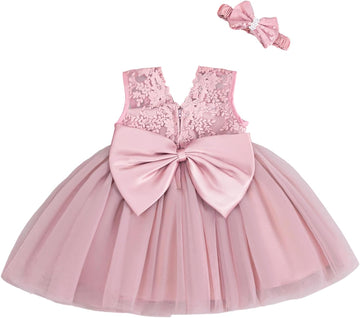 Lace Flower Baby Girl Dress with Big Bowknot Toddler Tulle Tutu for Formal Birthday Party