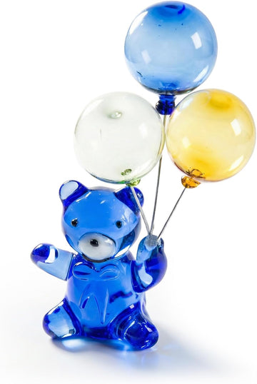 Hand-Blown Glass Bear Figurine with Balloons, Sapphire Blue Animal Sculpture, Kawaii Room Decor & Refreshing Desk