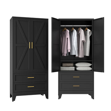 71" Metal Armoire Wardrobe Closet with Hanging Rod, Black-X 2 Drawers