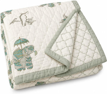 Baby Quilt Hand Block Print Cotton Reversible 40x60 (Green)
