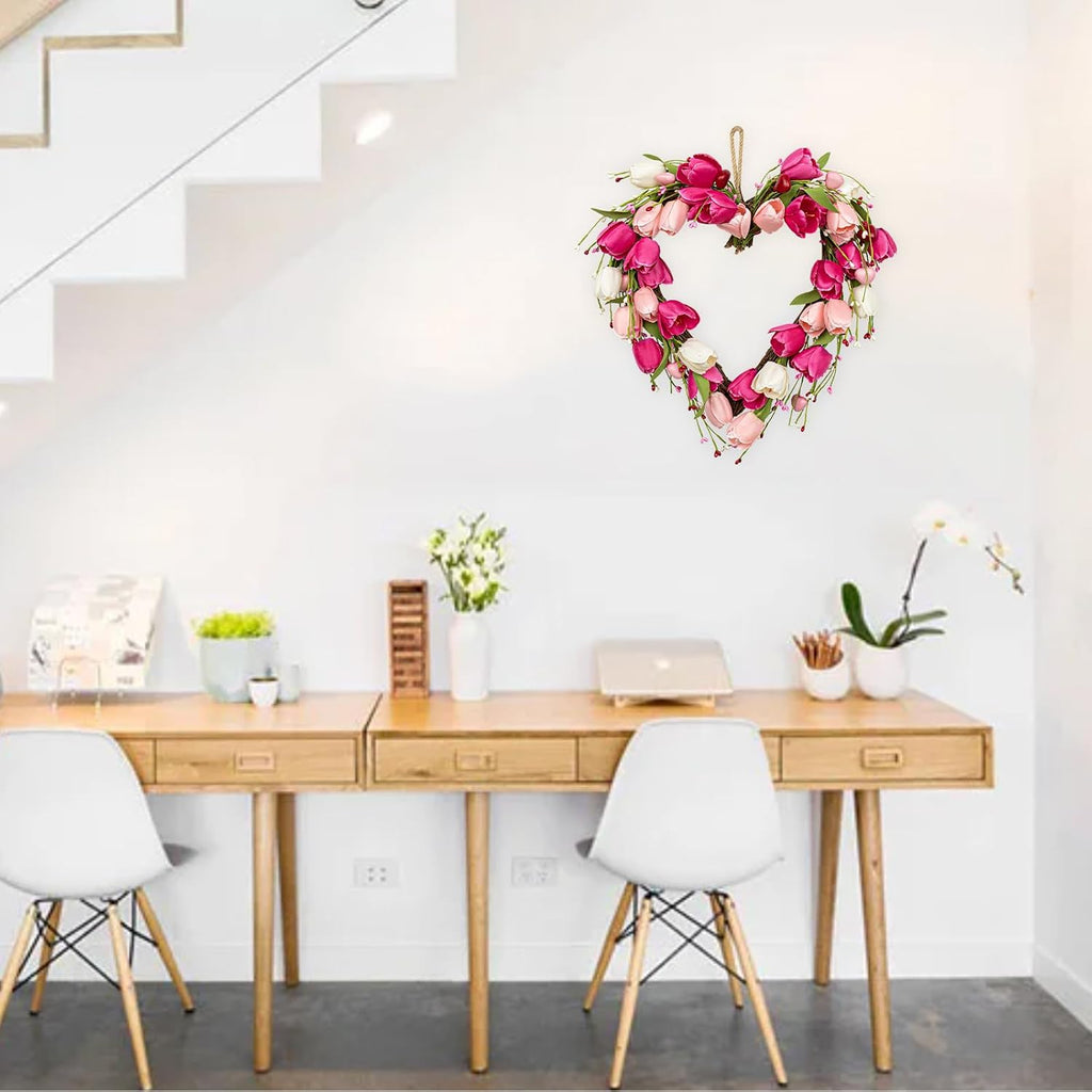 Valentine's Day Wreath 18 Inch Valentines Day Door Wreath with White Pink Red Tulip Berry and Green Leaf Valentines