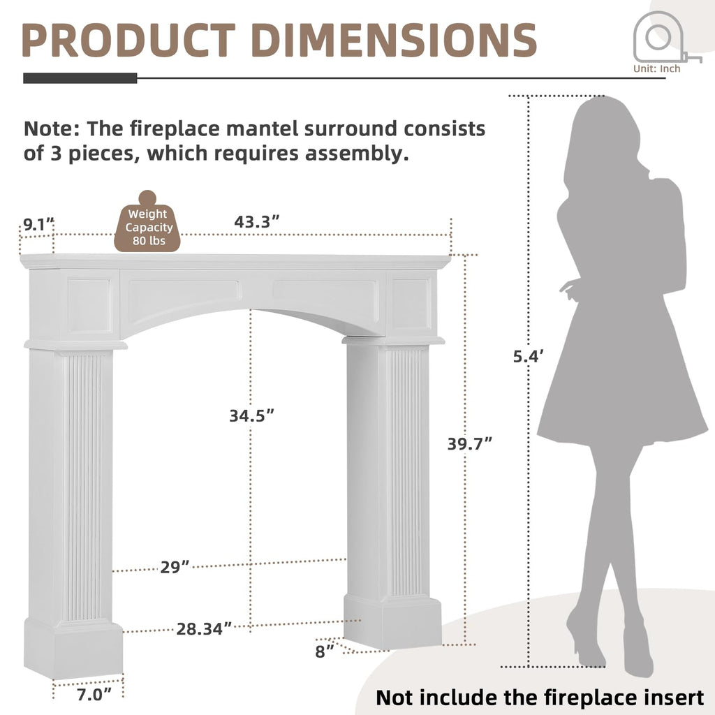 Modern Fireplace Mantel Surround, White Freestanding Surround Mantel for Electric Fireplaces, Waterproof &