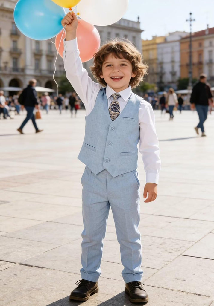 Boys Linen Suit 5 Piece Dress Tuxedo Kids Wedding Suits Vest Set
