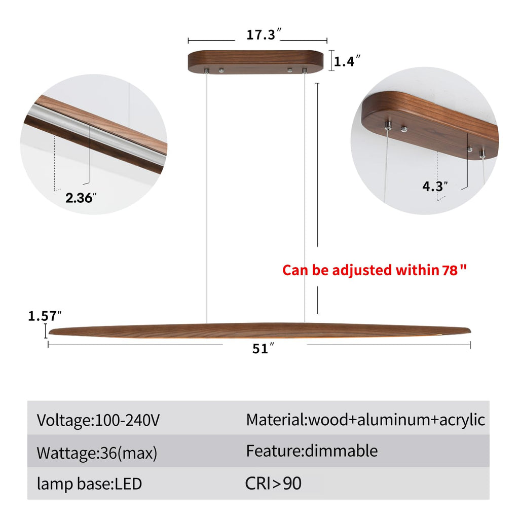 51" Wood Linear Pendant Light Wood Dining Room Light Fixture Modern Pool Table Lights Kitchen Island Lights Bar